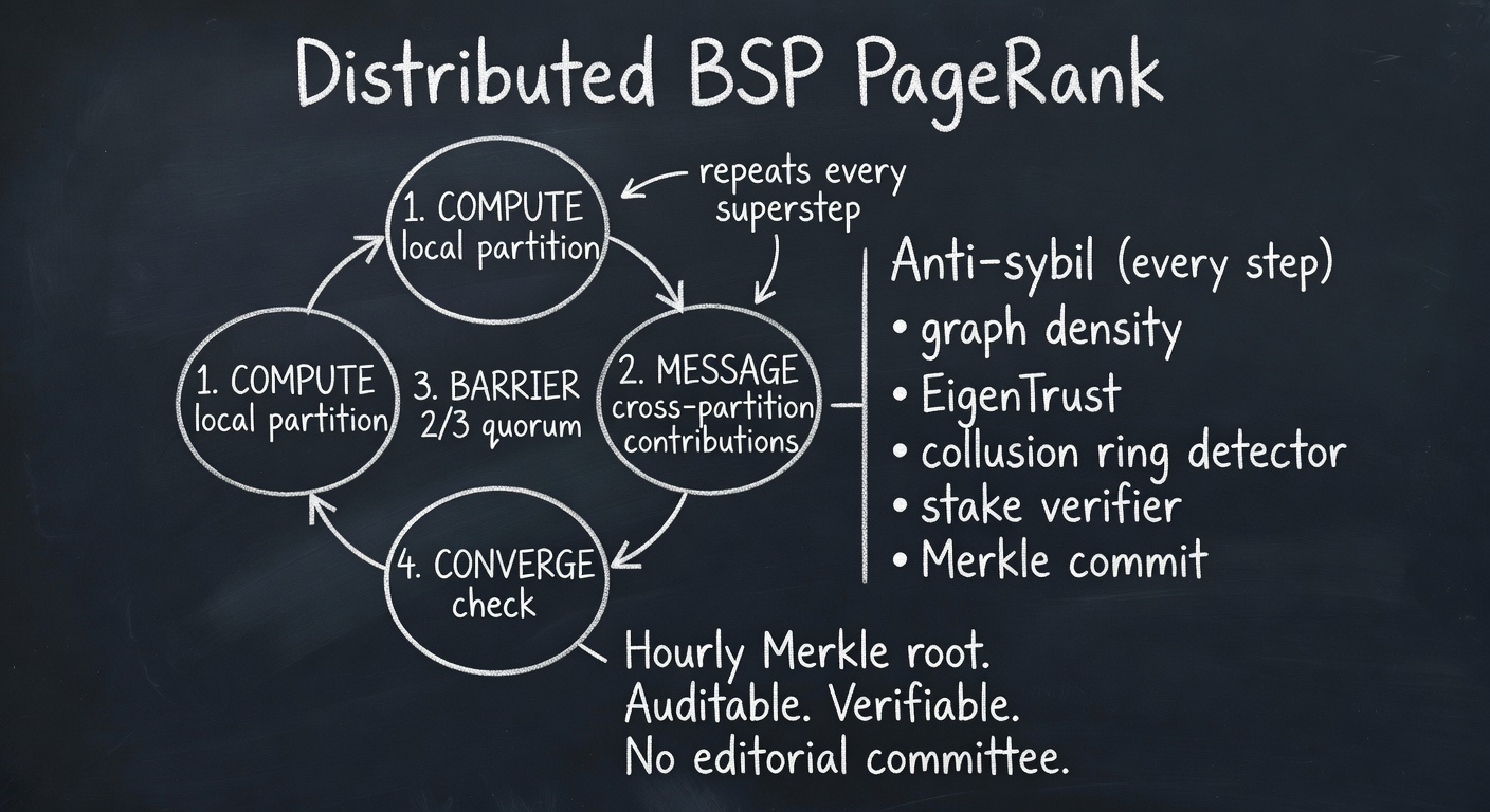 BSP PageRank cycle — compute / message / barrier / converge with 7-layer anti-sybil running on every step