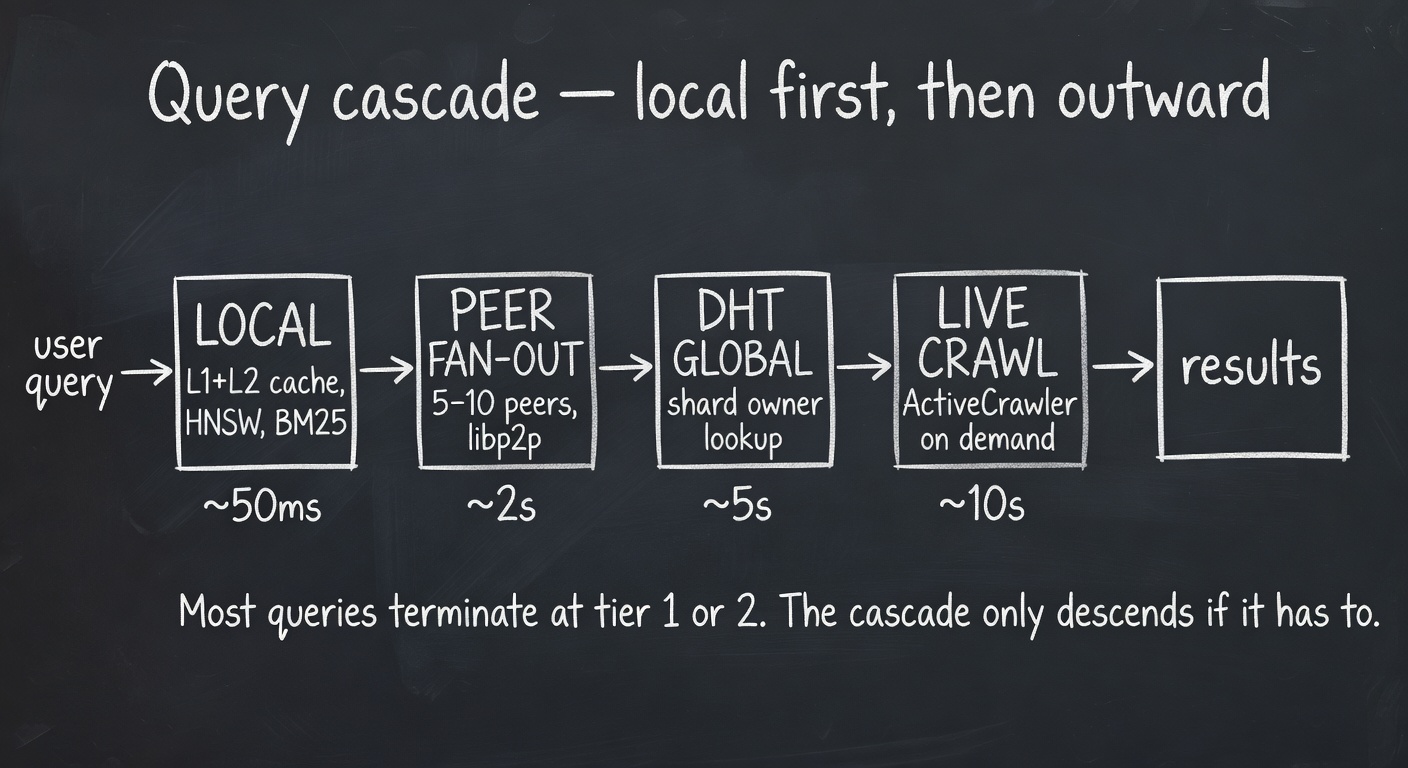 Four-tier query cascade — local 50ms, peer 2s, DHT 5s, live crawl 10s
