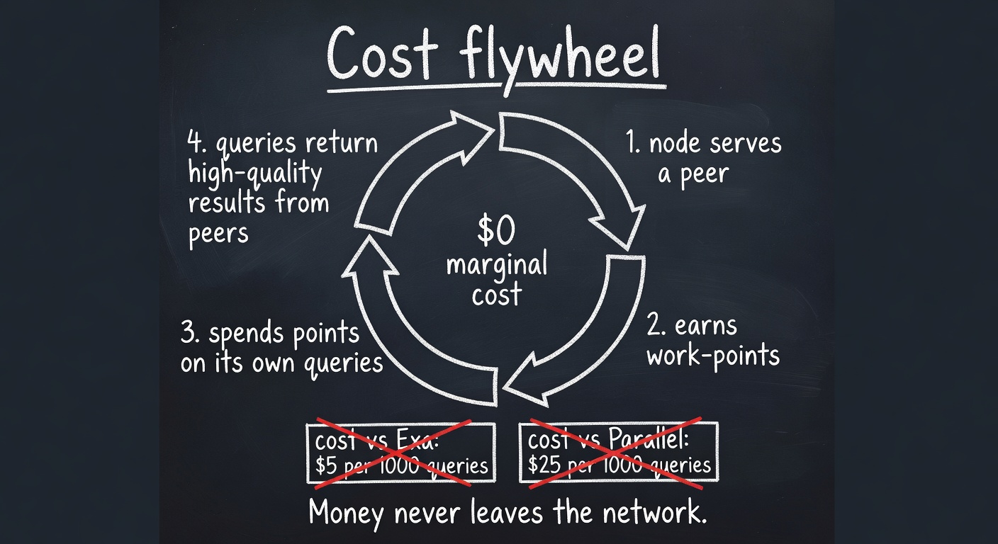 The cost flywheel — node serves peer, earns work-points, spends points on its own queries, gets high-quality results from peers, repeat