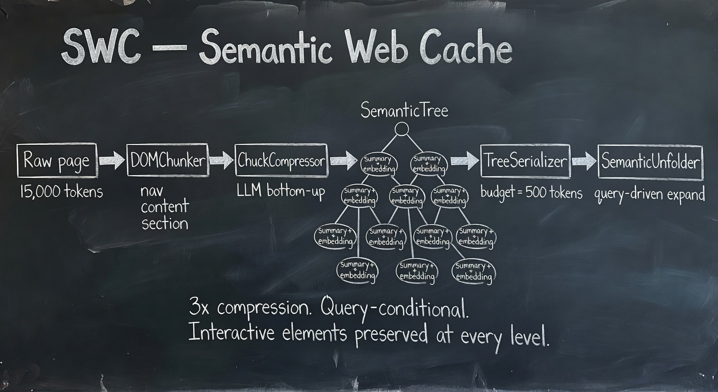 SWC pipeline — DOM → DOMChunker → ChunkCompressor → SemanticTree → TreeSerializer → SemanticUnfolder